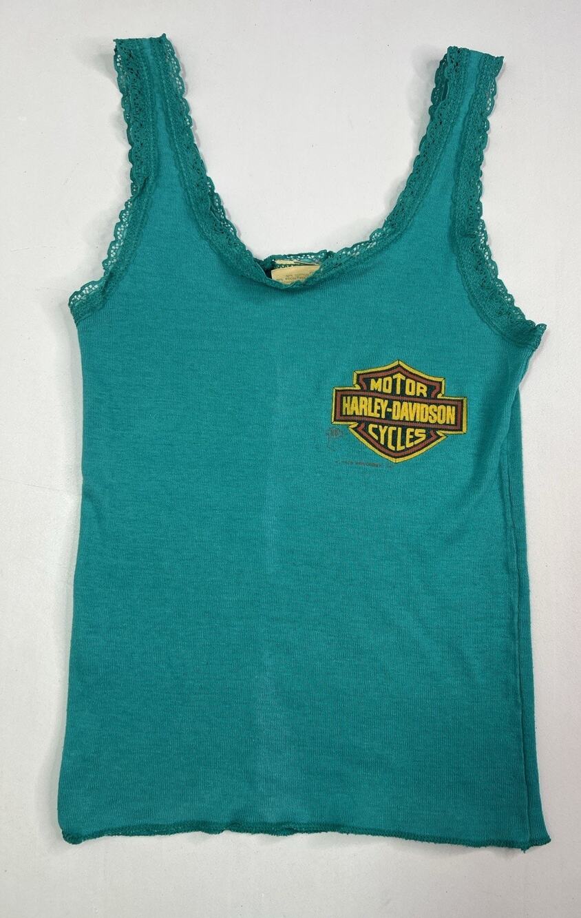Vintage Harley Davidson Baby Teal Tank Top Lace Trim Made In USA Stretch READ